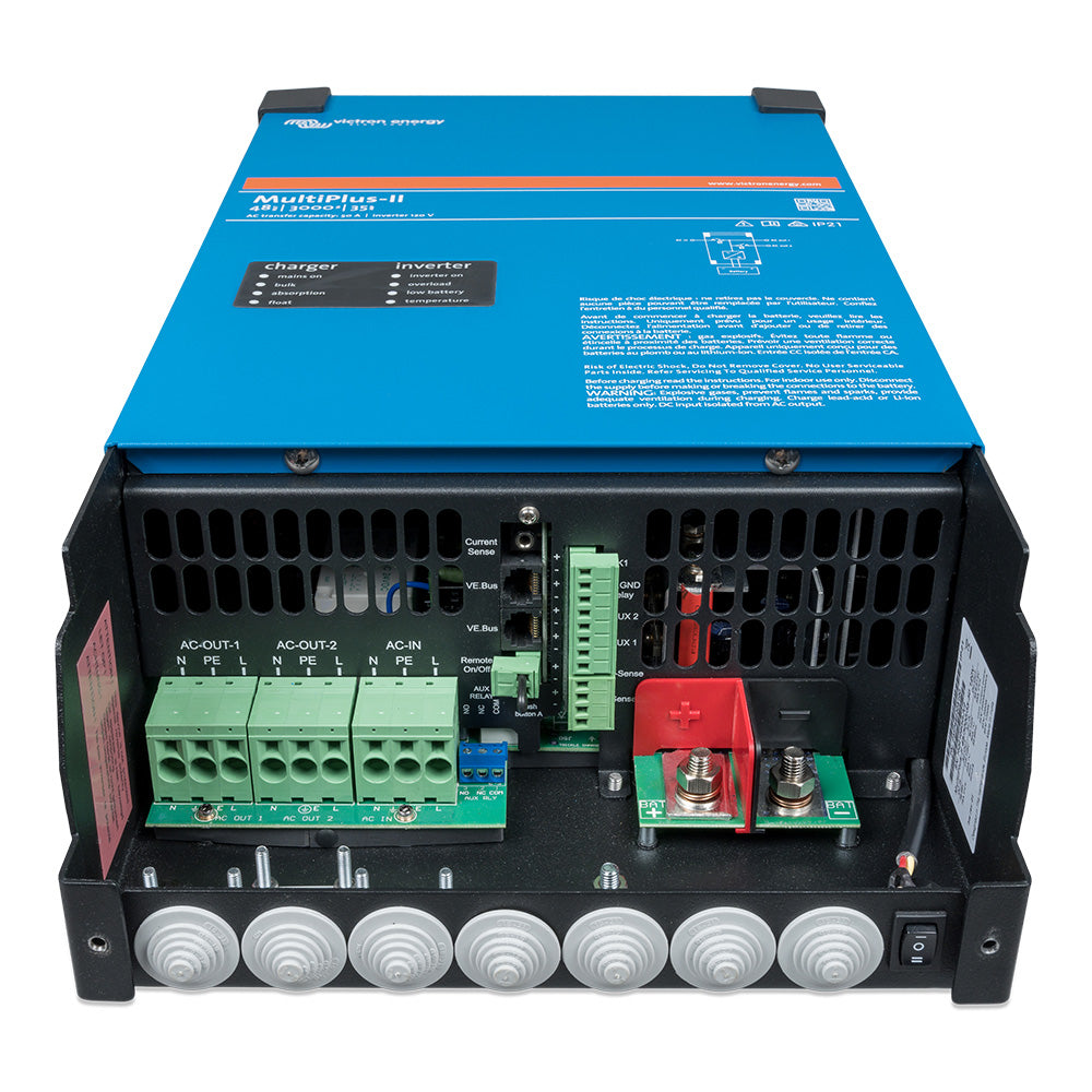 Victron Energy MultiPlus-II 48/3000 charger inverter combo, 120V UL approved, showing the device with display and connection ports.