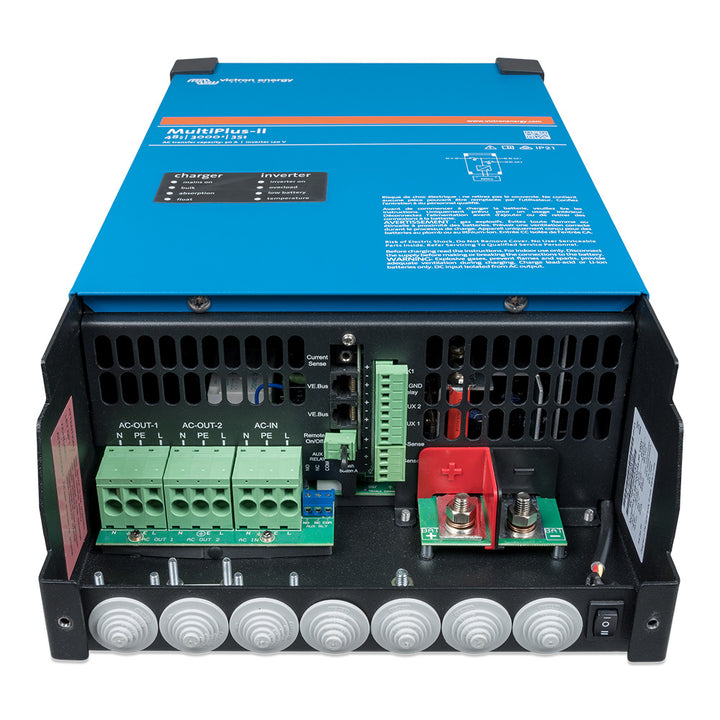Victron Energy MultiPlus-II 48/3000 charger inverter combo, 120V UL approved, showing the device with display and connection ports.