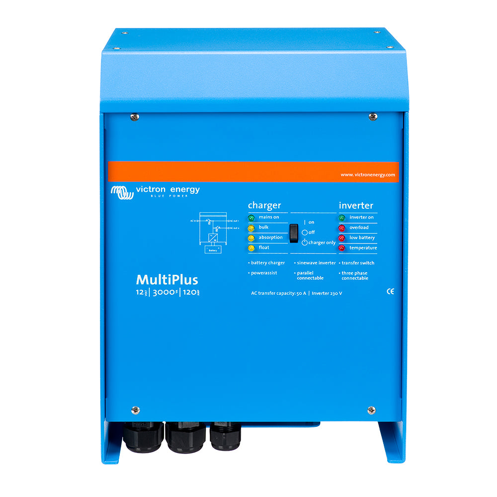 Victron Energy MultiPlus inverter/charger 12V DC, 3000VA, 120VAC, with 120A battery charger and 50A transfer switch.