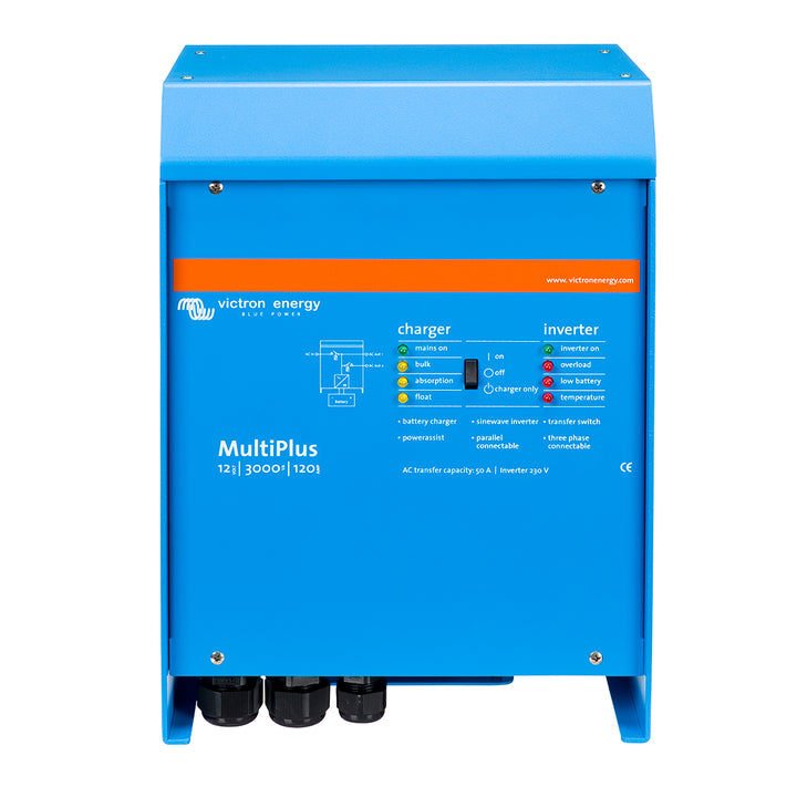 Victron Energy MultiPlus inverter/charger 12V DC, 3000VA, 120VAC, with 120A battery charger and 50A transfer switch.
