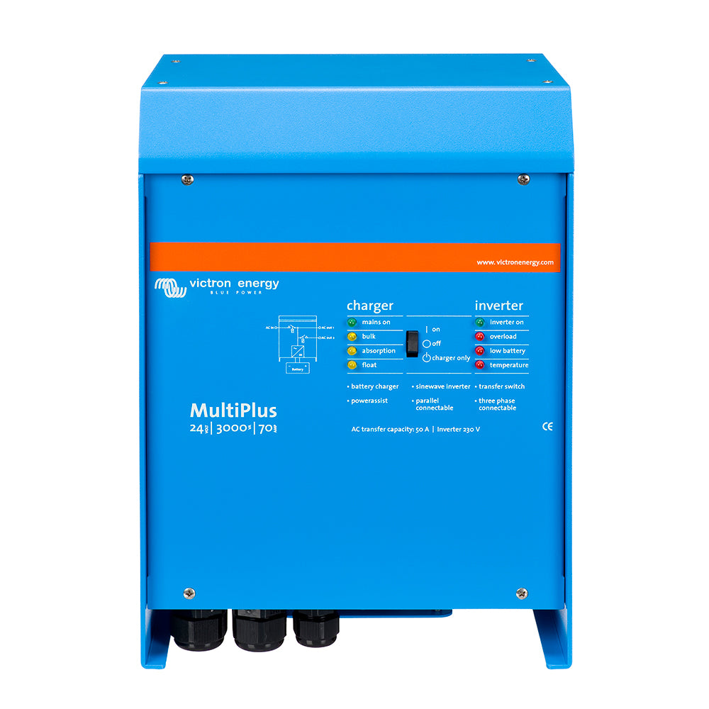 Victron Energy Multiplus inverter/charger 24V DC, 3000W, 120V AC with 70A charger and 50A transfer switch, UL listed.