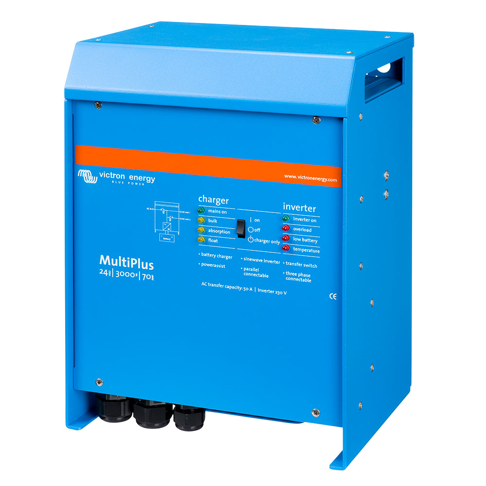 Victron Energy Multiplus inverter/charger 24V DC, 3000W, 120V AC with 70AMP battery charger and 50AMP transfer switch.