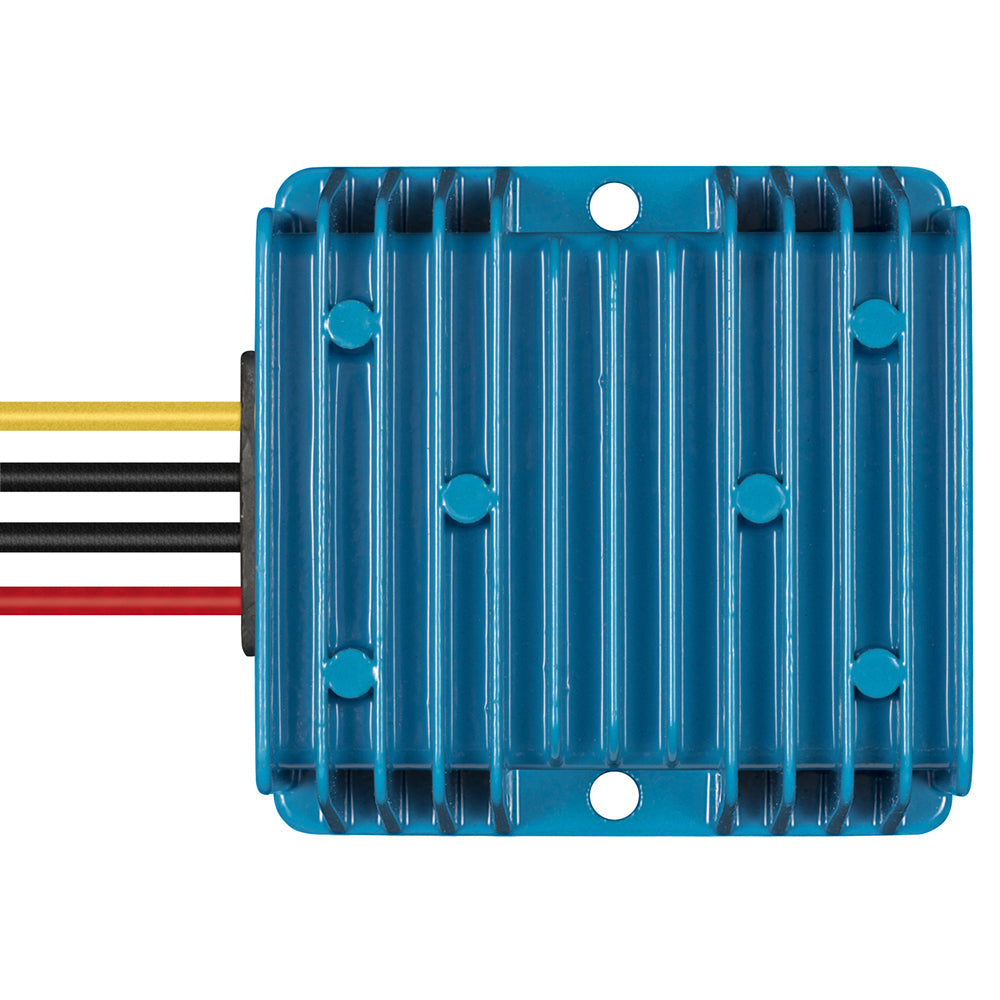Victron Orion IP67 DC-DC converter showing front view with wiring terminals, 24V to 12V output, 20AMP, 240W capacity.