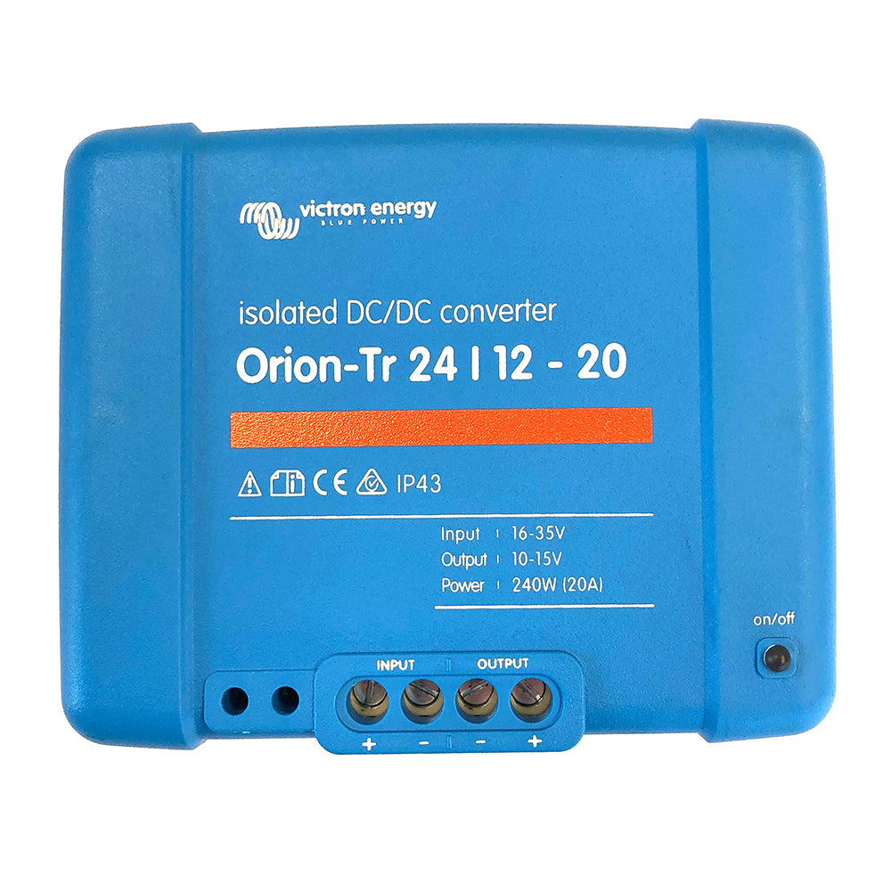 Victron Orion-TR DC-DC Converter 24V to 12V, 20A, isolated power supply from Victron Energy for automotive or solar applications.