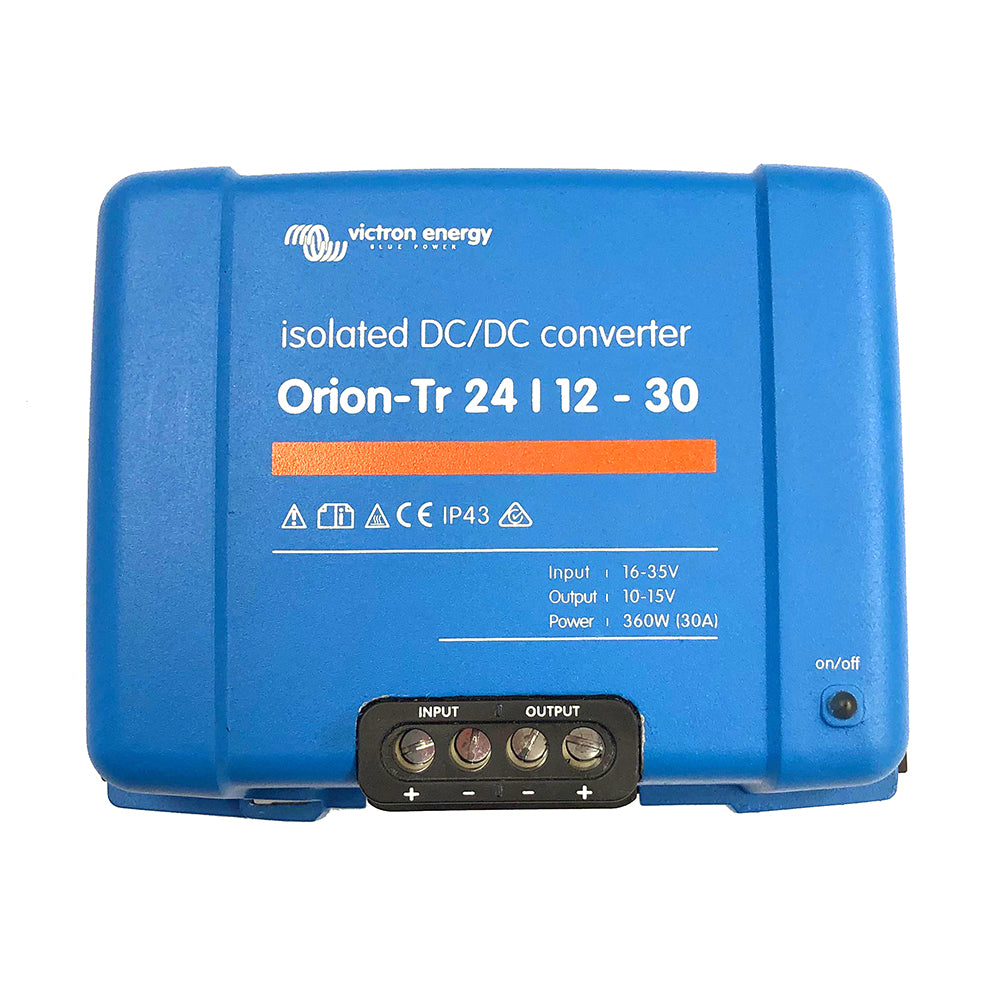Victron Orion-TR DC-DC Converter converting 24V DC to 12V DC at 30A, isolated power supply from Victron Energy.