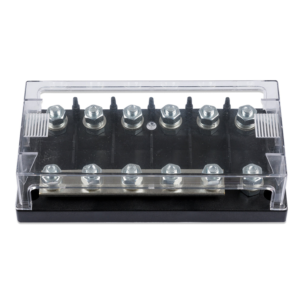 Victron Energy 6-Way Mega Fuse Holder with Busbar for 250A fuse blocks and fuses, showing the fuse holder with busbar connections.