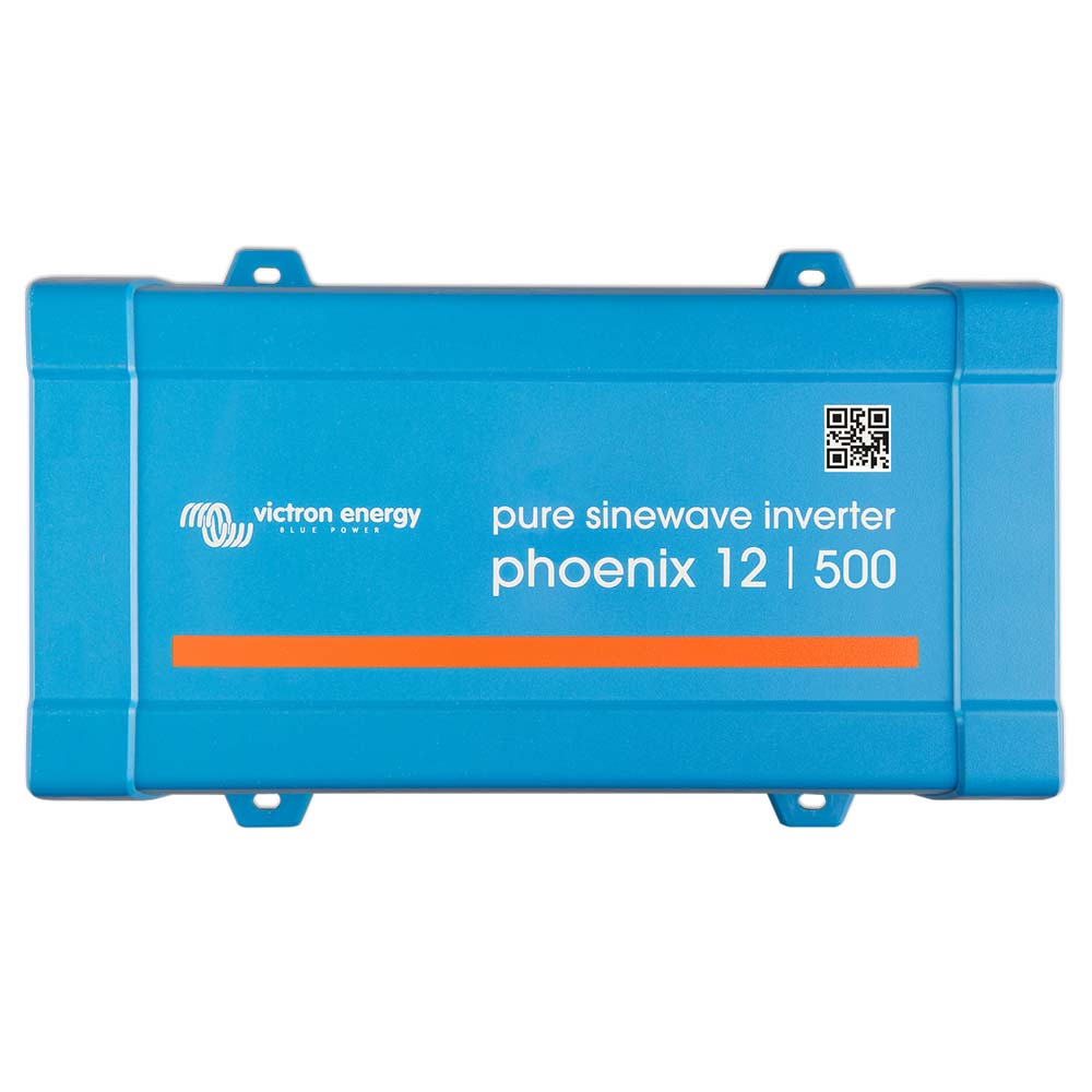 Victron Phoenix 12/500 inverter with 120V GFCI duplex outlet, 350W capacity, black device showing control panel and power connections.