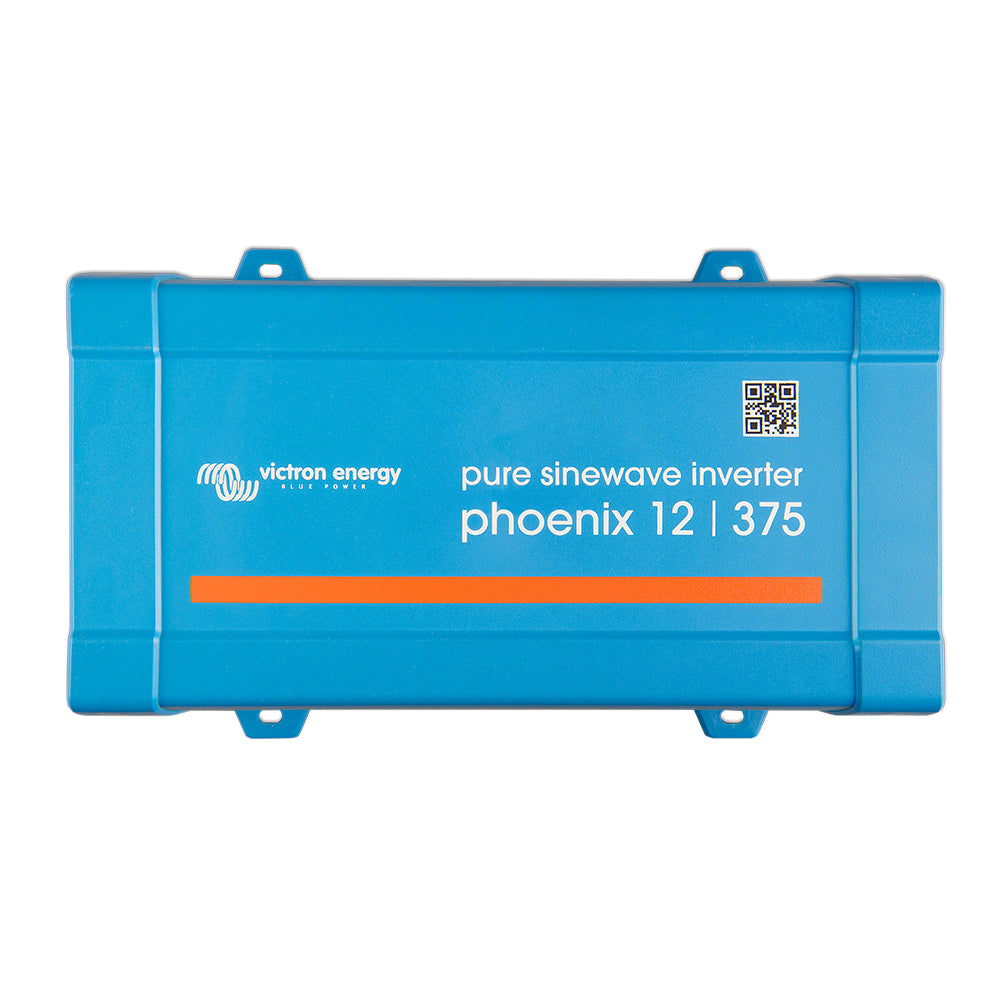 Victron Energy Phoenix 12V DC to 120V AC inverter showing the compact inverter unit with model details and power specifications.