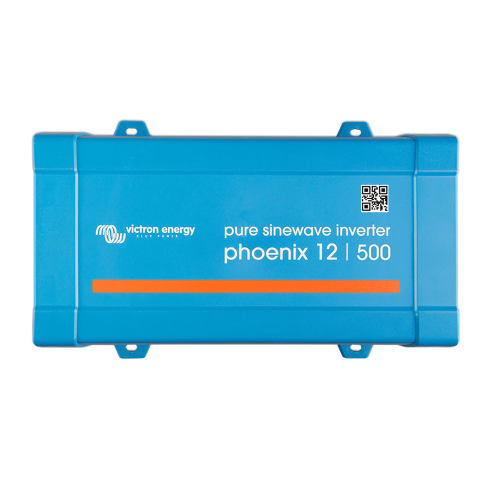 Victron Phoenix 12V DC to 120V AC inverter, 500VA, 50/60Hz, by Victron Energy, with display and connection ports visible