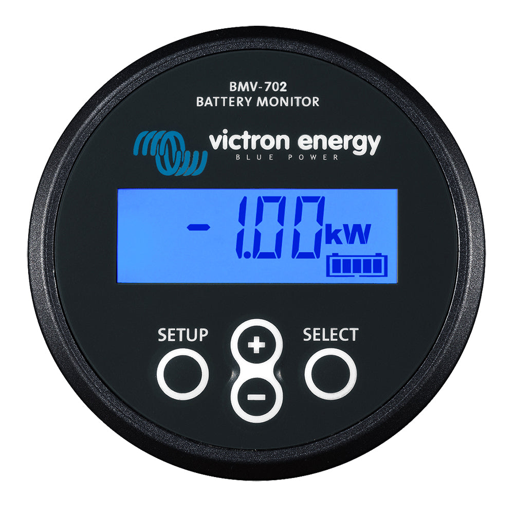 Victron Energy BMV-702 black battery monitor displaying voltage and current readings on its digital screen.