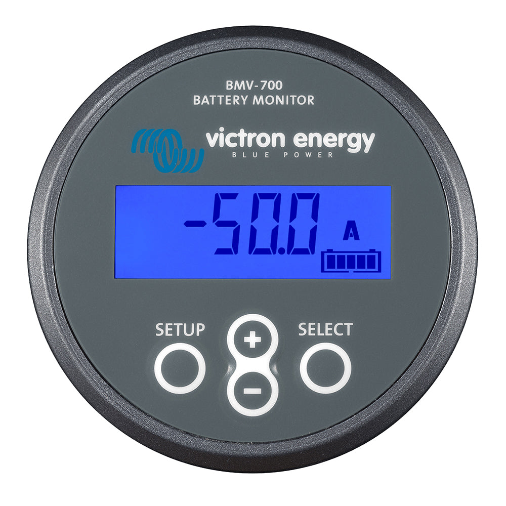 Victron Energy BMV-700 Battery Monitor showing digital display and control buttons on a grey meter for battery monitoring.