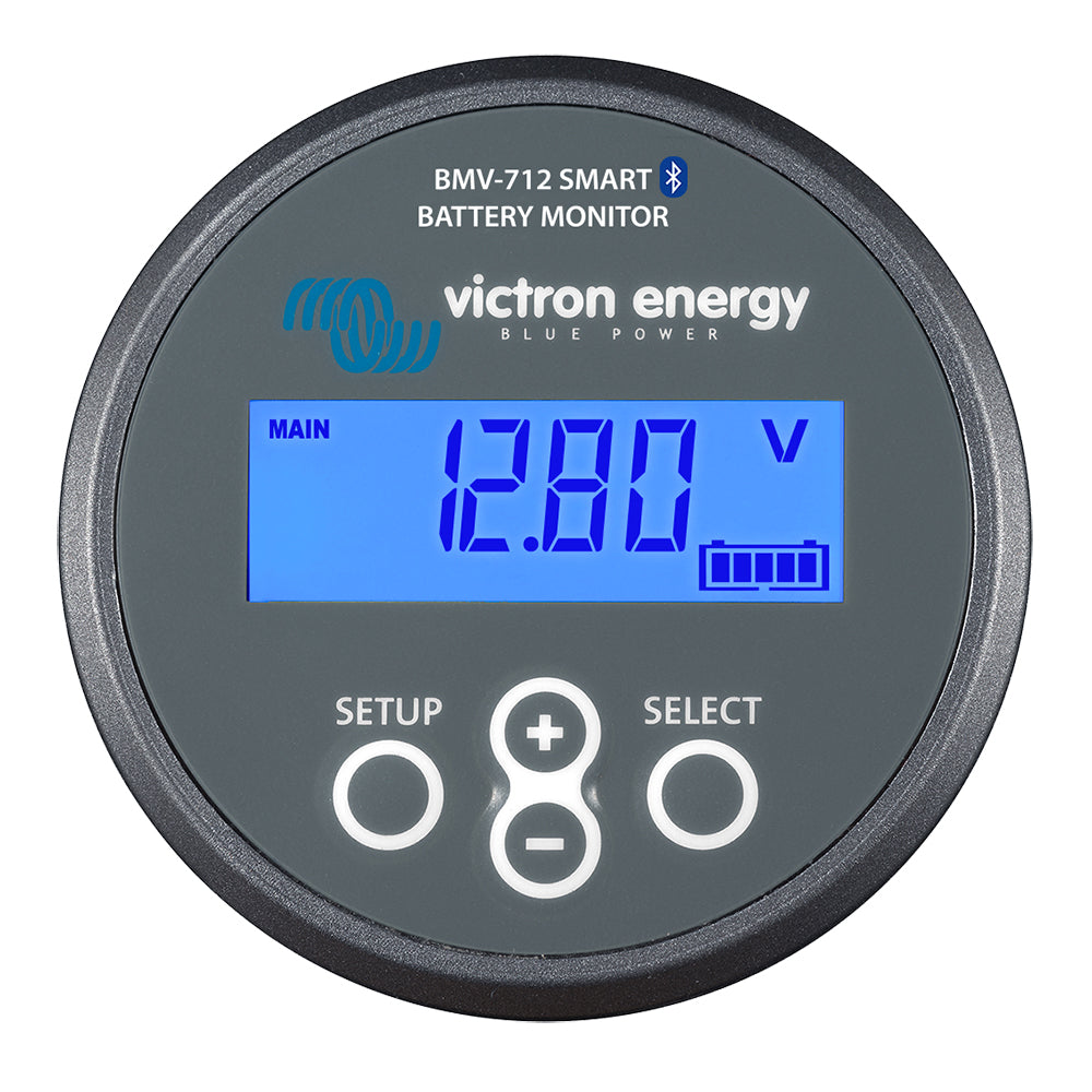 Victron Smart Battery Monitor BMV-712 in grey showing digital display and Bluetooth connectivity for battery monitoring.
