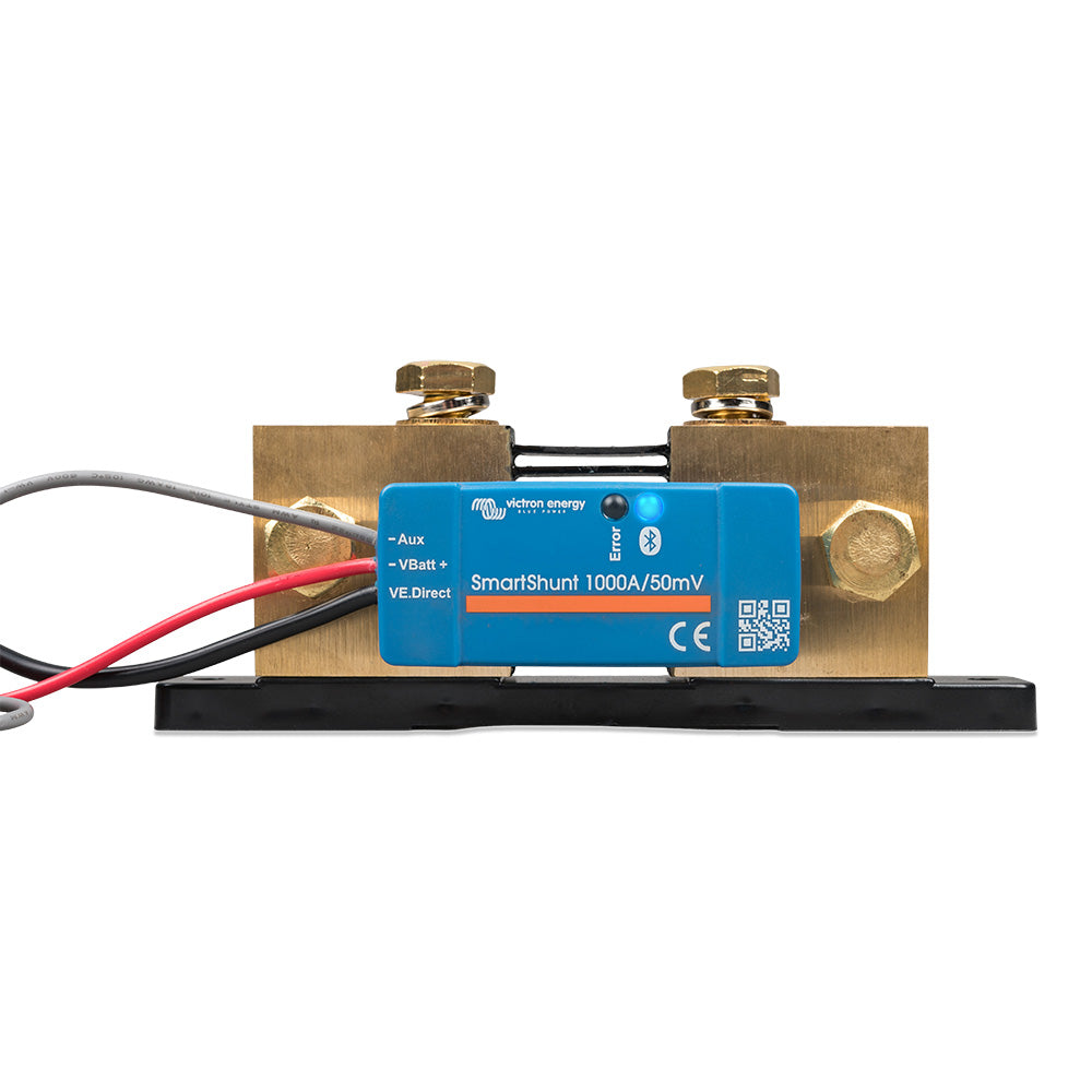 Victron SmartShunt 1000A Bluetooth battery monitor with IP65 rating, displaying digital readout and connection ports.