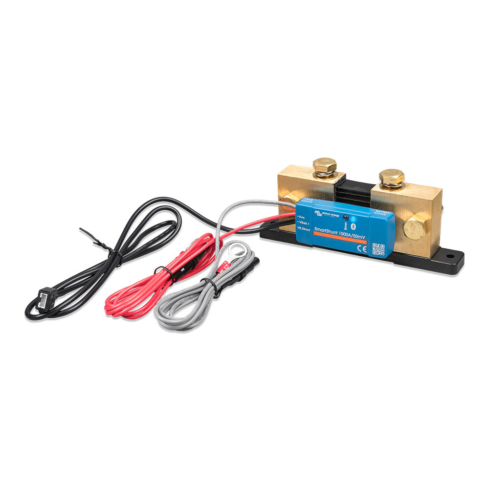 Victron SmartShunt 1000A/50MV IP65 Bluetooth battery monitor showing digital display and connection ports for battery monitoring.