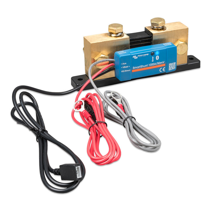 Victron SmartShunt 1000A Bluetooth battery monitor showing digital display and connection ports, designed for energy system monitoring.