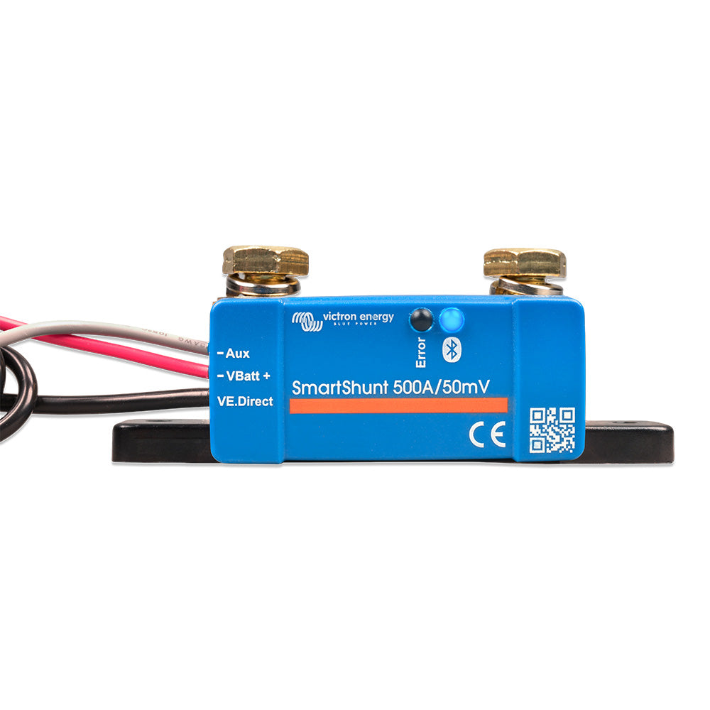 Victron SmartShunt 500A/50MV Bluetooth battery monitor showing digital display and connection ports for battery monitoring.