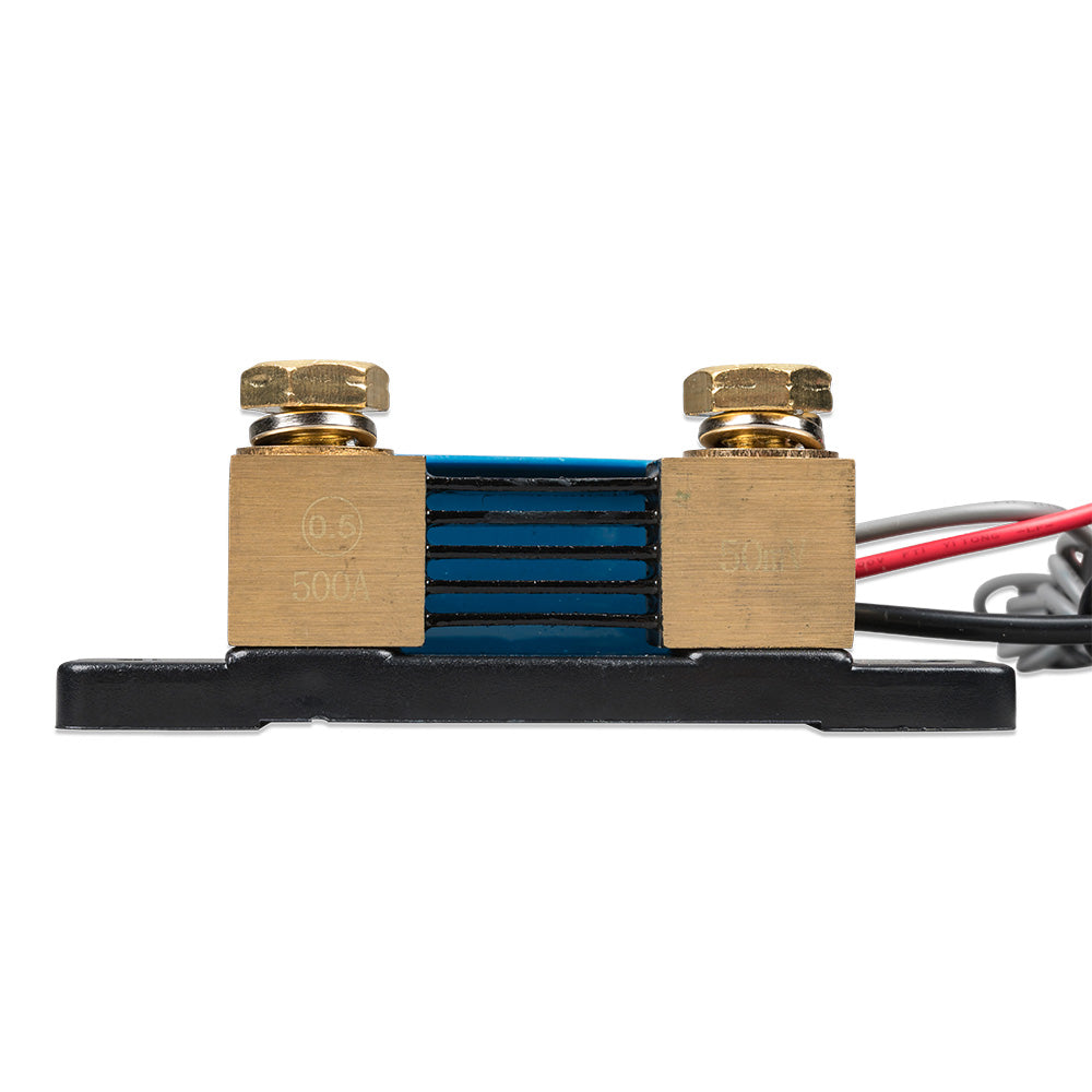 Victron SmartShunt 500A/50MV IP65 Bluetooth battery monitor showing digital display and connection ports for energy monitoring.