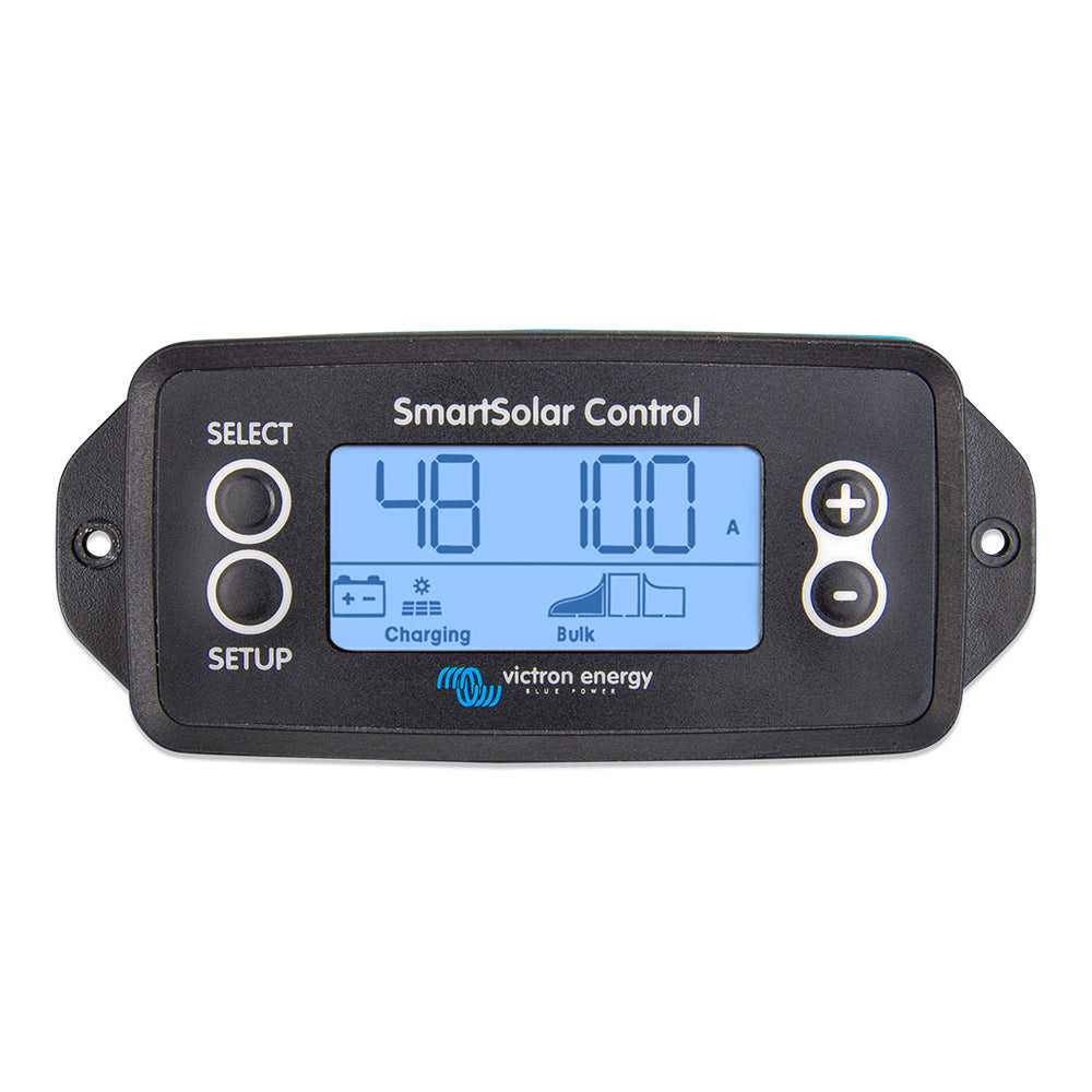 Victron SmartSolar pluggable display connected to solar panels by Victron Energy, showing system data and control interface.