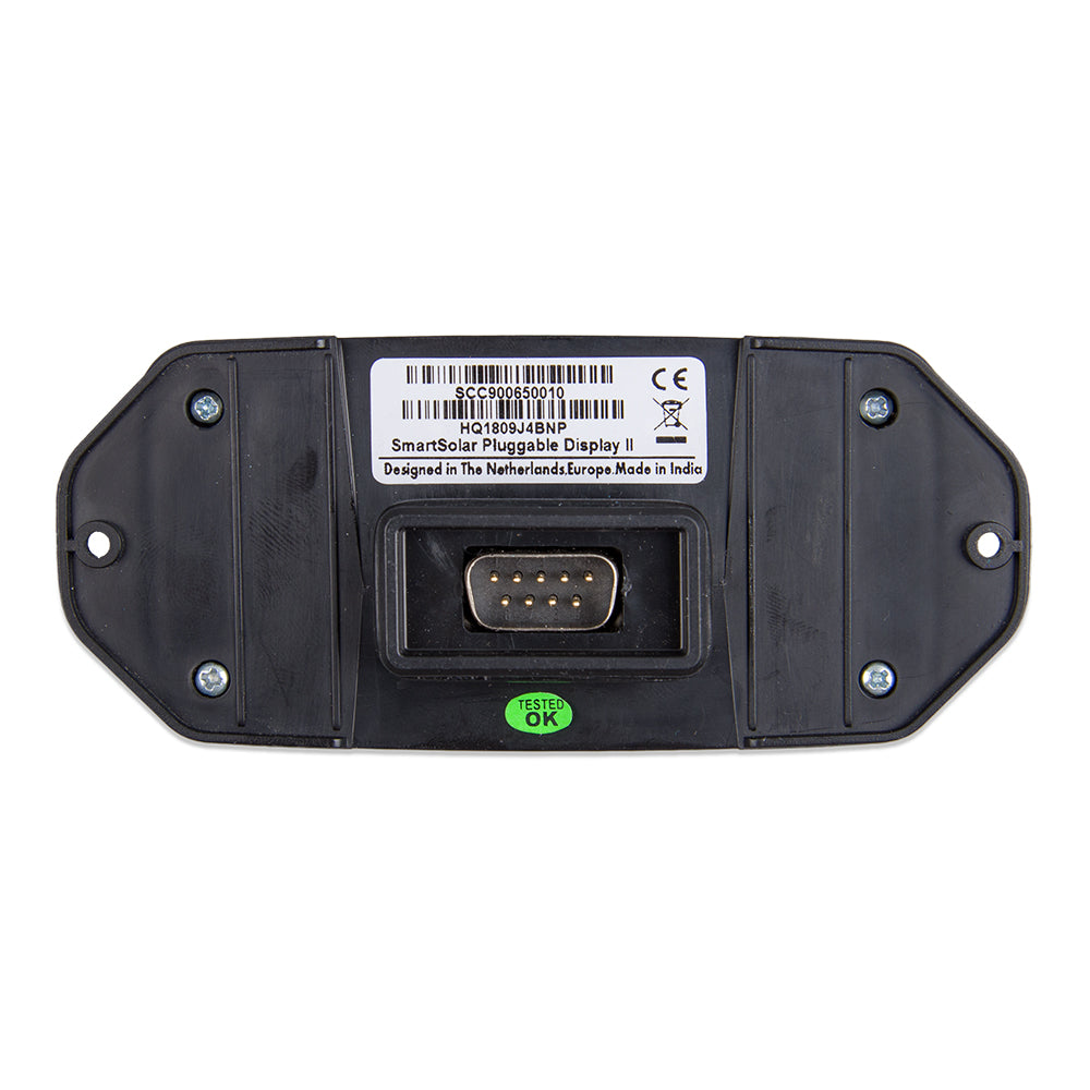 Victron Energy SmartSolar pluggable display for solar panels showing control interface and settings on a digital screen.