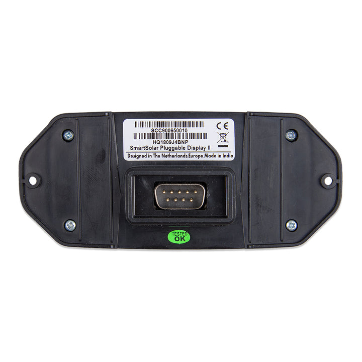 Victron Energy SmartSolar pluggable display for solar panels showing control interface and settings on a digital screen.