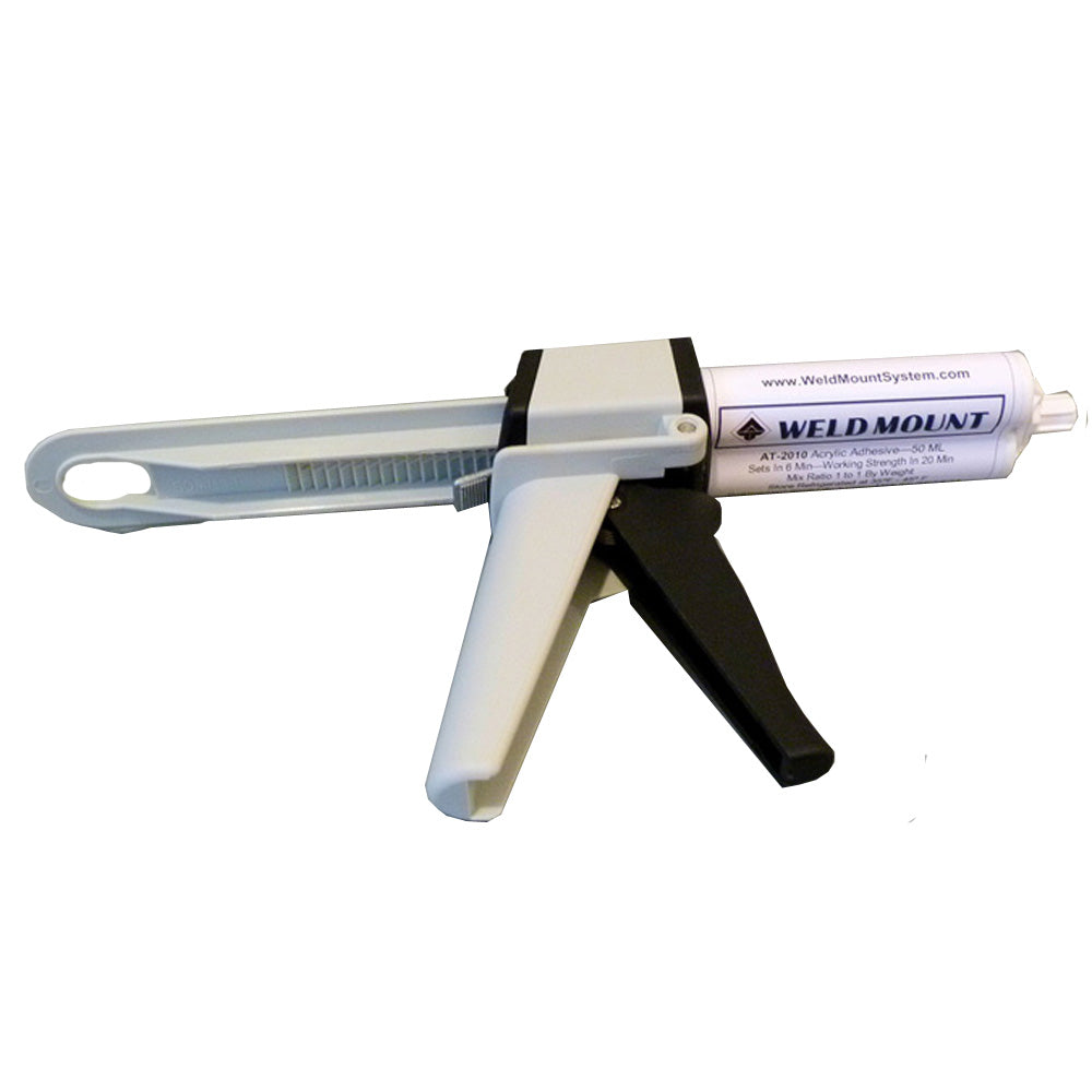 Weld Mount AT-300 adhesive dispensing gun for AT-2010 and AT-4020 tools, shown with handle and trigger, used for precise glue application.
