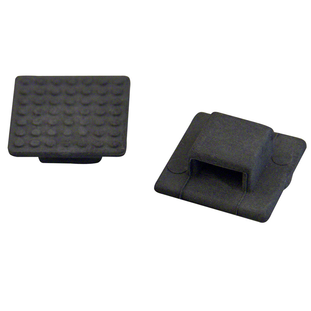 Small black nylon wire tie mount by Weld Mount, ideal for organizing cables, shown with 50 mounts on a tool surface.