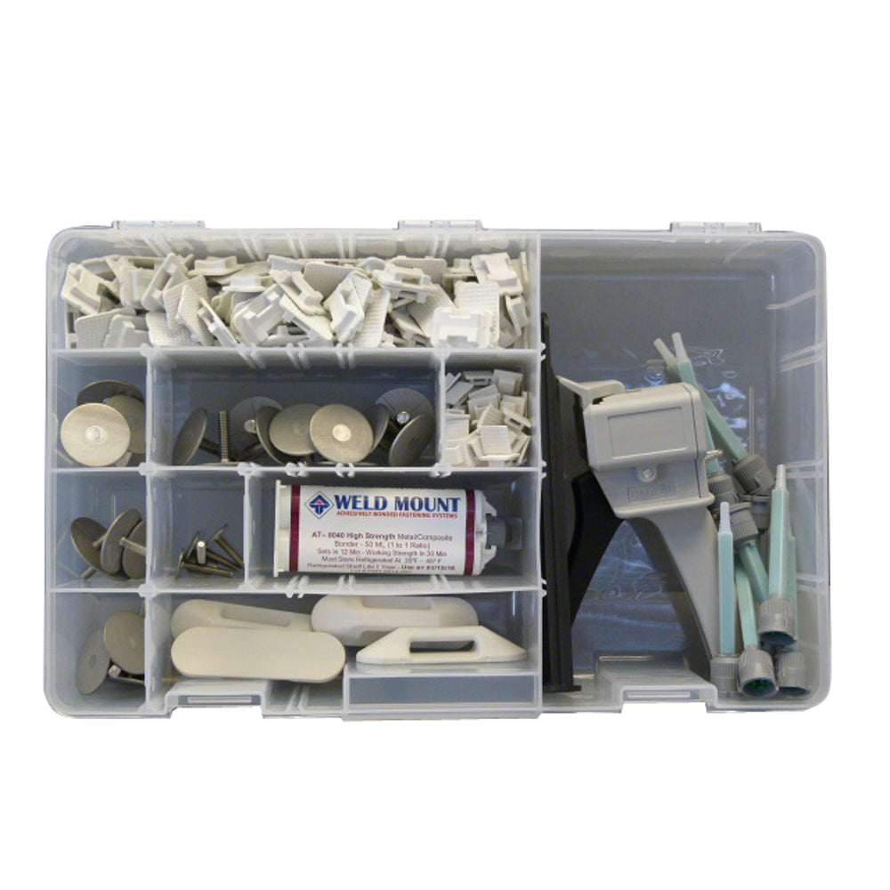 Weld Mount Executive Adhesive and Fastener Kit with AT-8040 adhesive, including tools and fasteners for secure bonding.