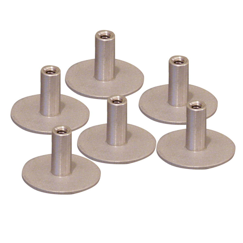 Six Weld Mount stainless steel standoffs with 1.25-inch base, 1/4-20 thread, and 0.75-inch height for electronics or signage.