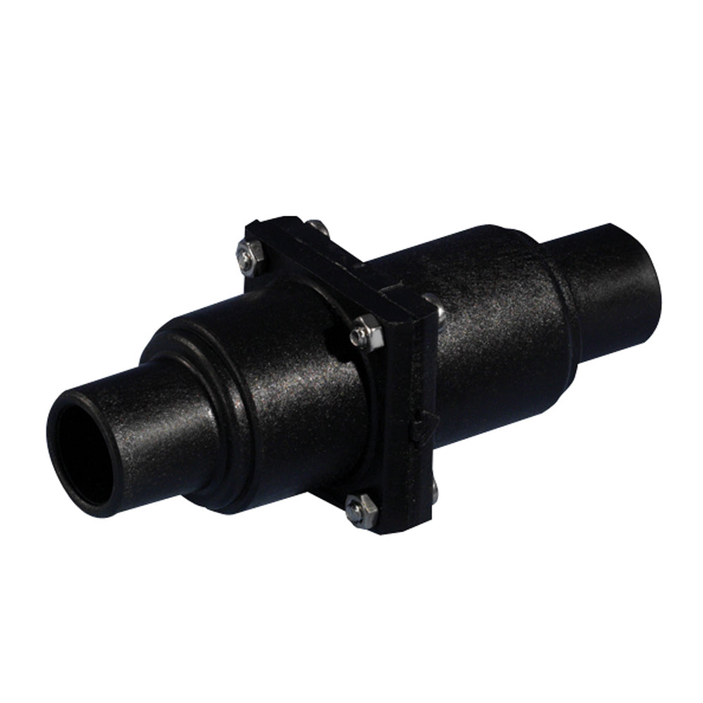 Whale Marine in-line check valve with 1 to 1.5-inch stepped connection, marine plumbing accessory, in black plastic.