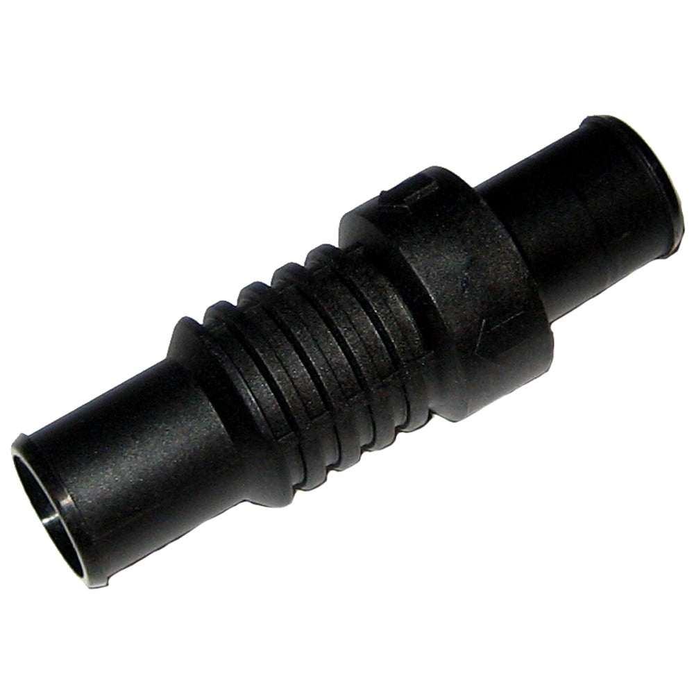 Whale Marine in-line non-return valve for accessories, showing the compact valve with inlet and outlet fittings.