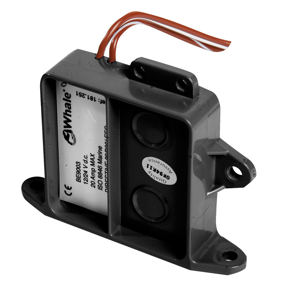 Whale Electric Field Bilge Switch installed on a bilge pump, used to automatically activate the pump to remove water from boats.