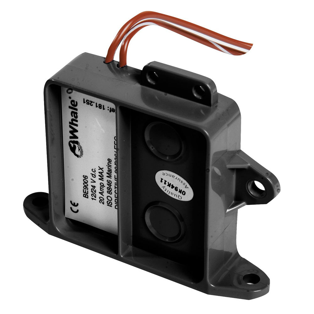 Whale Marine electric bilge pump switch with time delay for marine bilge systems, shown in a close-up image.