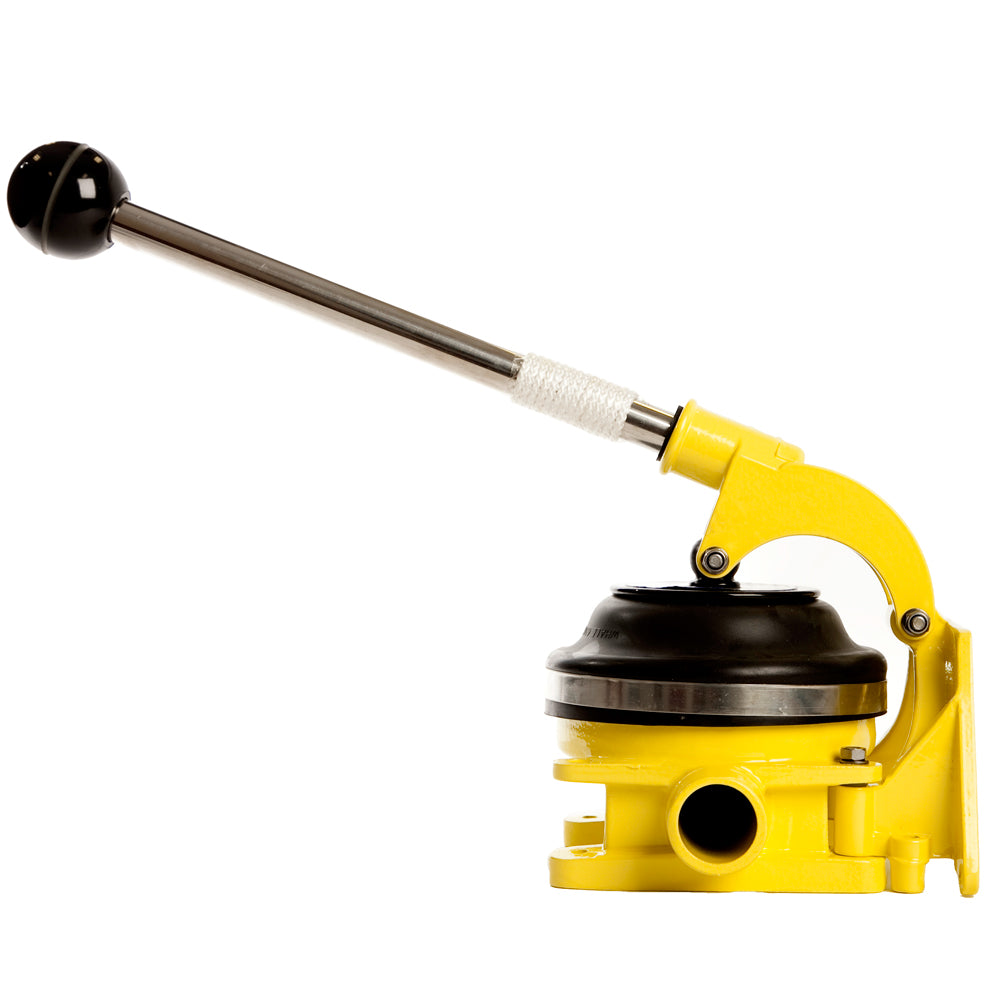 Whale Marine Gusher 10 manual bilge pump mounted on deck, with handle and bulkhead fitting for boat bilge pumping.