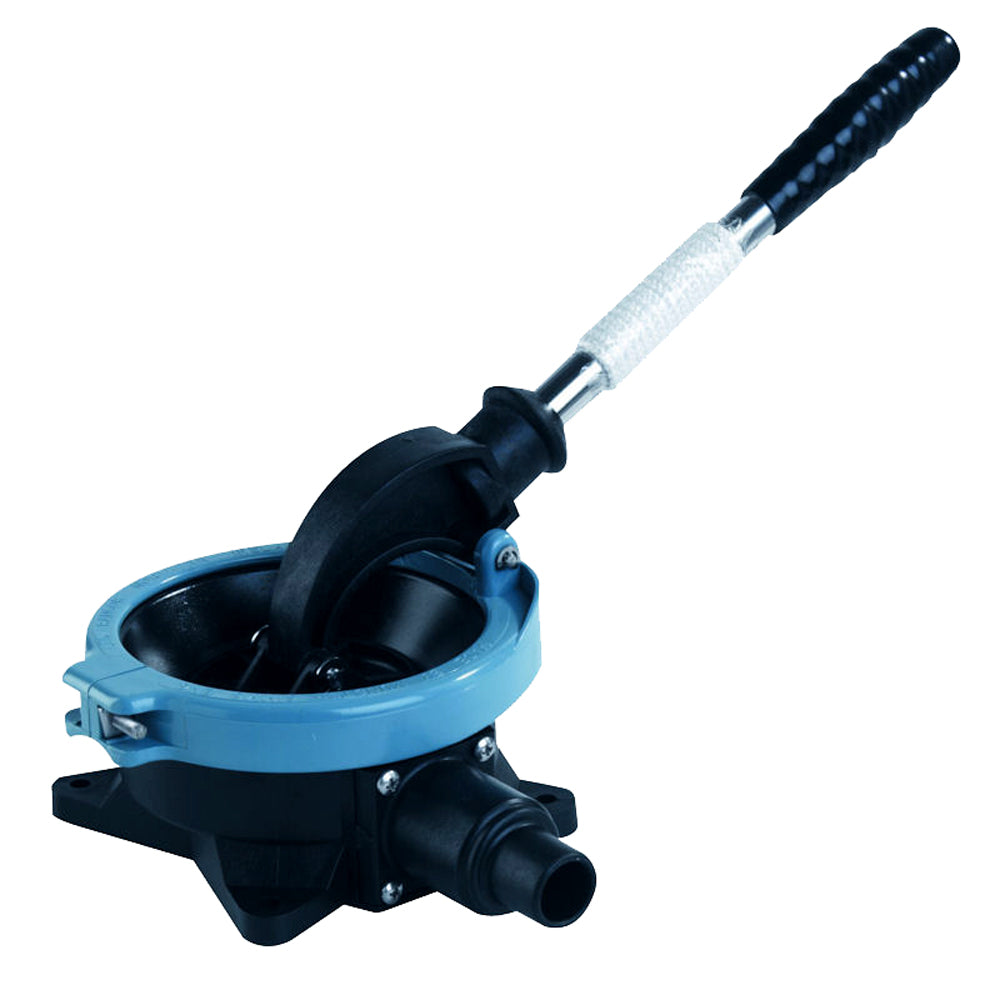Whale Marine Gusher Urchin manual bilge pump mounted on deck, with handle and inlet for marine bilge pumping.