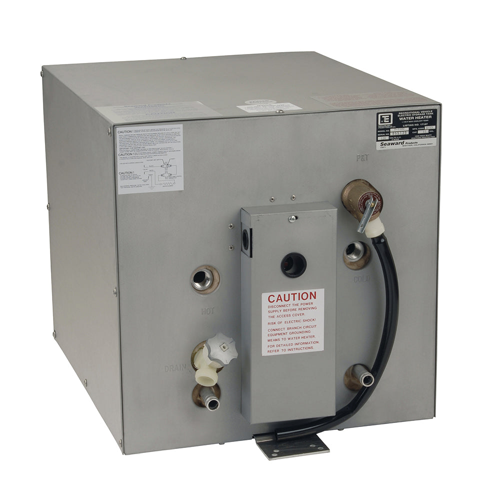 Whale Marine Seaward 11-gallon hot water heater with front heat exchanger, galvanized steel construction, 240V, 1500W.