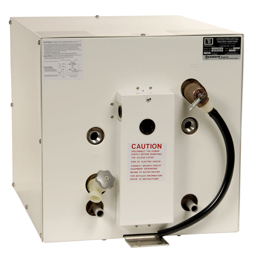Whale Marine Seaward 11-gallon hot water heater with front heat exchanger, white epoxy finish, 120V, 1500W for marine use.