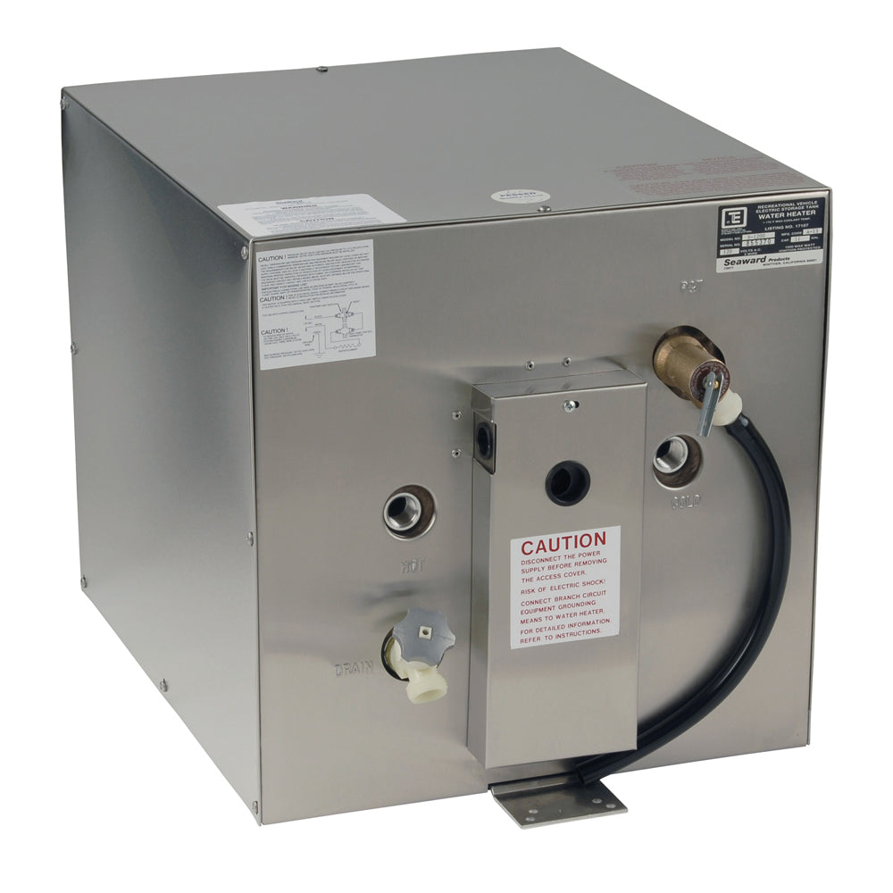 Whale Marine Seaward 11-gallon hot water heater with rear heat exchanger, stainless steel construction, 120V, 1500W.