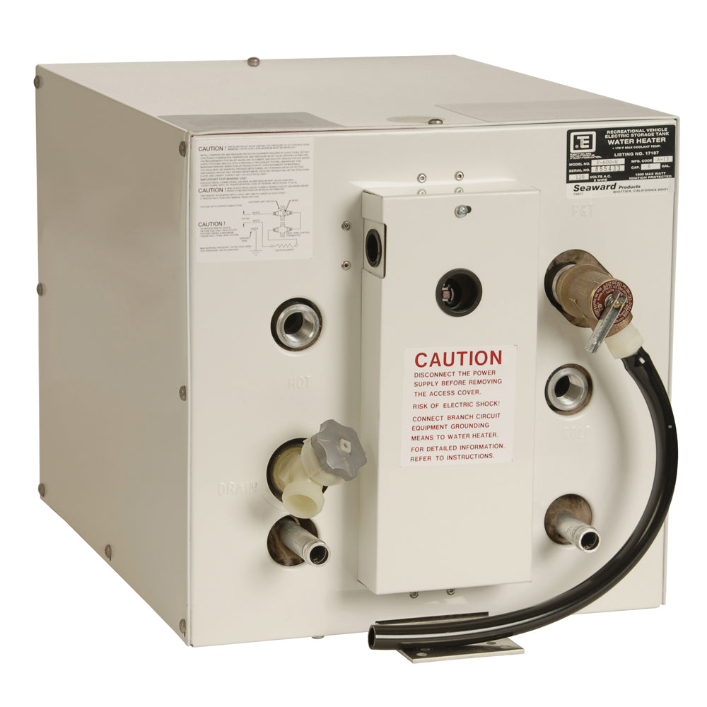 Whale Marine Seaward 6-gallon hot water heater with front heat exchanger, white epoxy finish, 120V, 1500W for marine use.