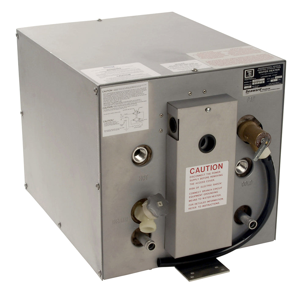 Whale Marine Seaward 6-gallon hot water heater with front heat exchange, galvanized steel construction, 240V, 1500W.