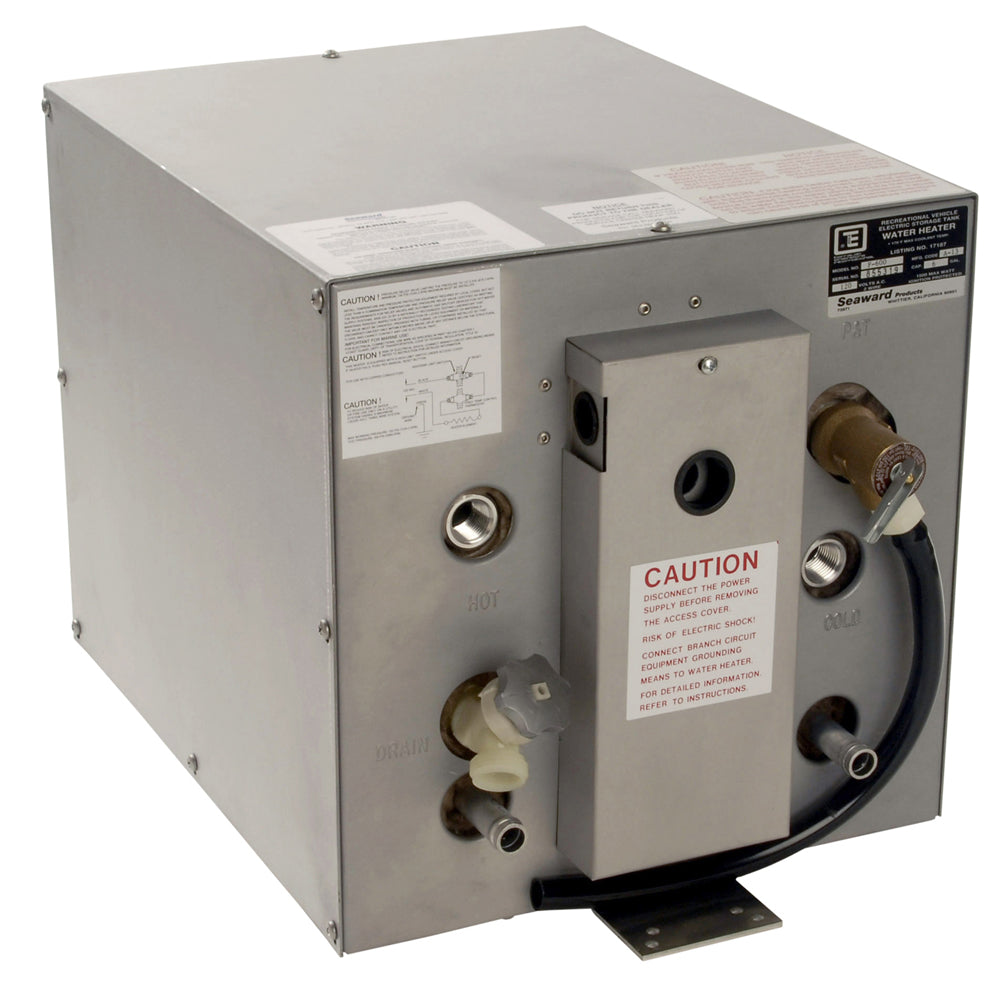 Whale Marine Seaward 6 Gallon Hot Water Heater with front heat exchanger, galvanized steel, 120V, 1500W for marine use.