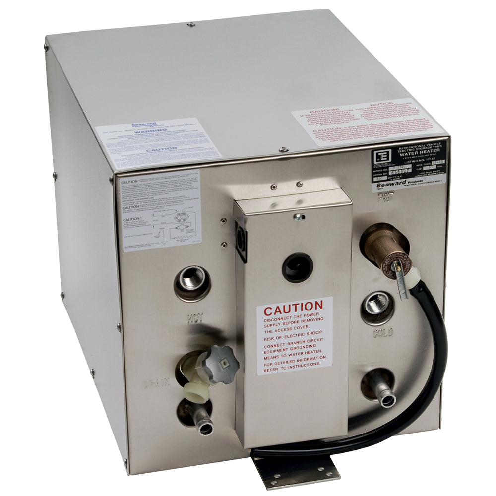 Whale Marine Seaward 6-gallon hot water heater with stainless steel tank and front heat exchanger, 120V, 1500W.