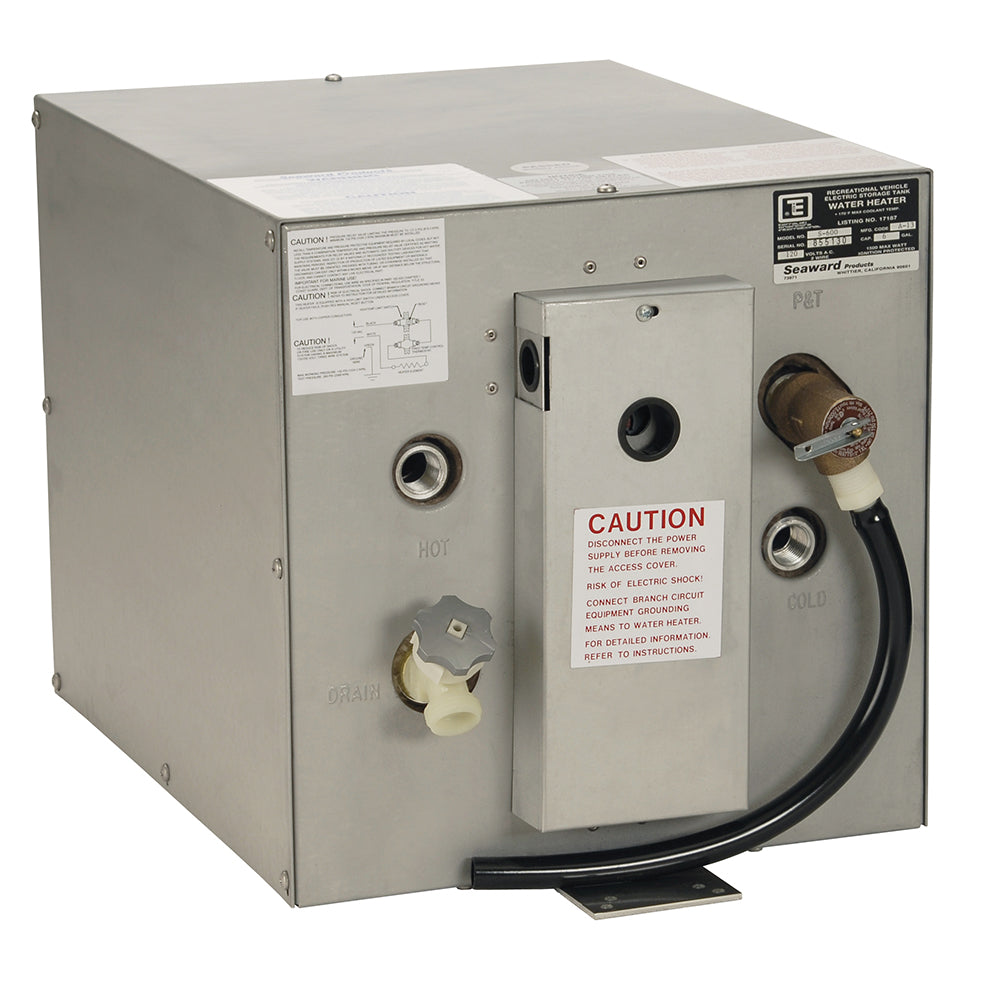 Whale Marine Seaward 6-gallon hot water heater with rear heat exchanger, galvanized steel, 240V, 1500W for marine use.