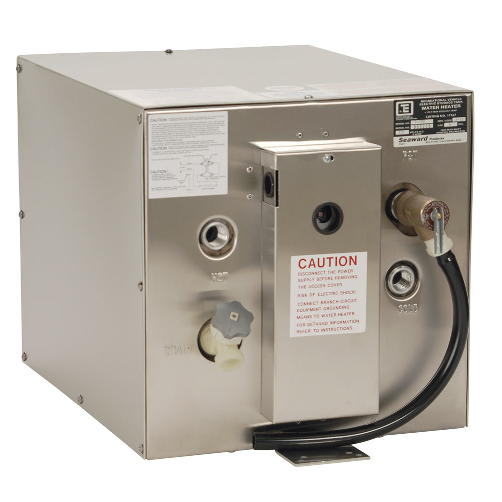 Whale Marine Seaward 6-gallon stainless steel hot water heater with rear heat exchanger, 120V, 1500W, for marine use.