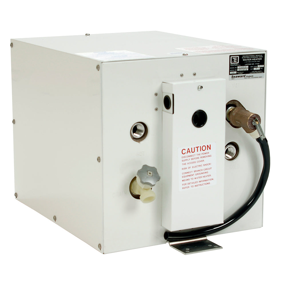 Whale Marine Seaward 6-gallon hot water heater in white epoxy with 120V 1500W, designed for marine use.