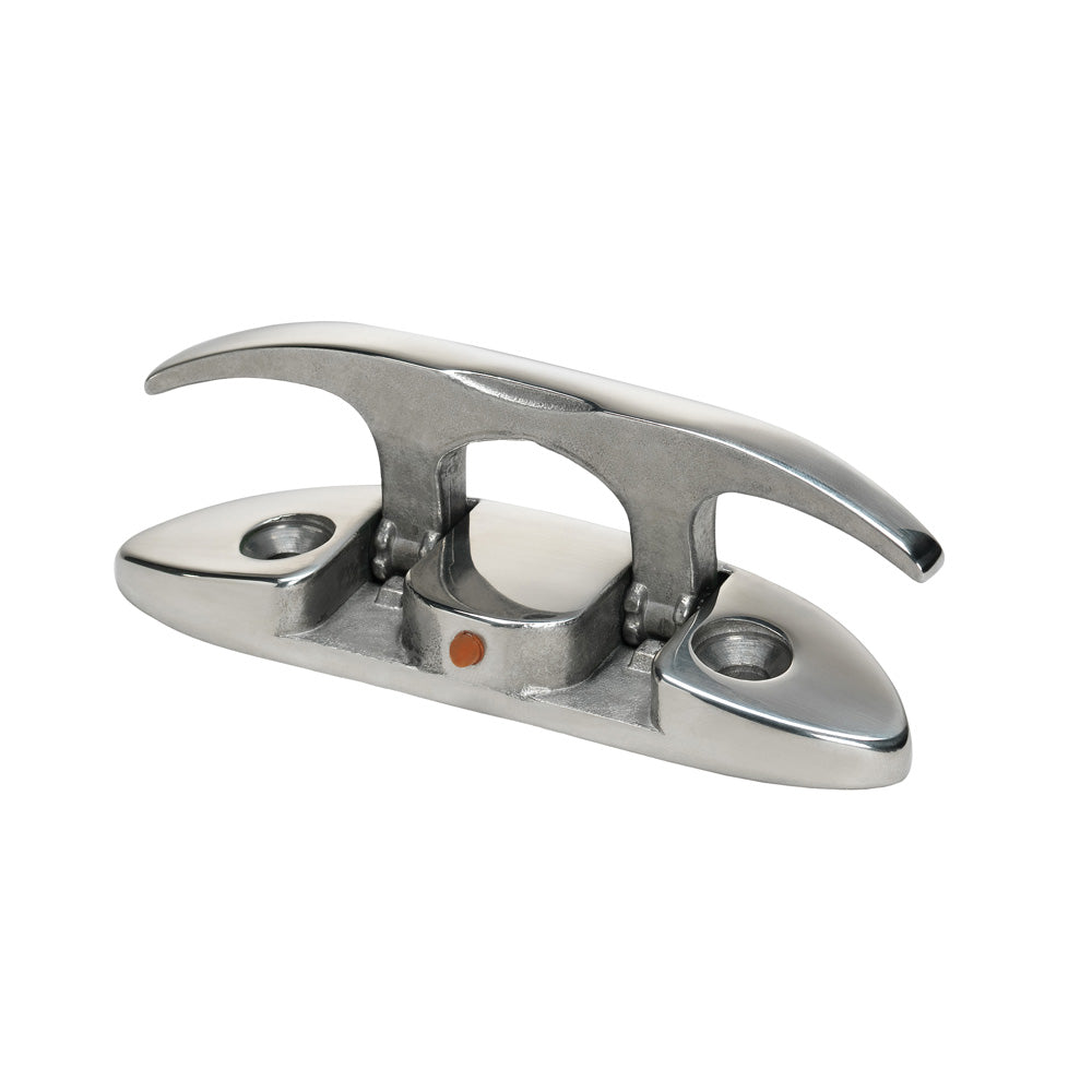 Whitecap 4-1/2-inch stainless steel folding cleat installed on boat deck for securing ropes.