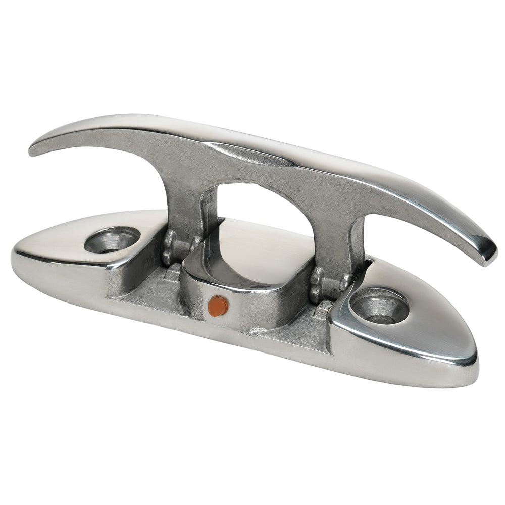 Whitecap 6-inch stainless steel folding cleat for boat or dock, securely mounted and durable for marine use.