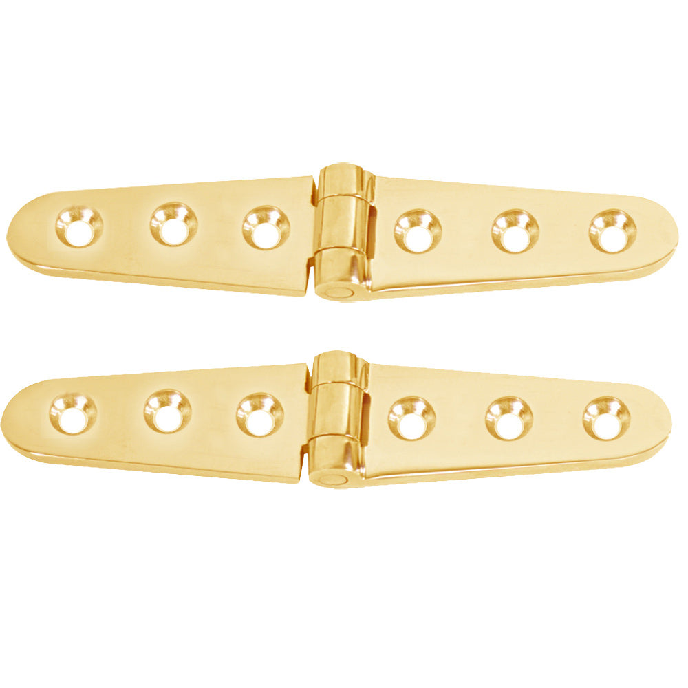 Pair of Whitecap polished brass strap hinges, 6-inch by 1-1/8-inch, suitable for doors or cabinets, showing the hinge details.