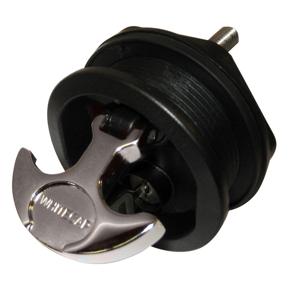 Whitecap T-handle latch with chrome-plated Zamac and black nylon, locking mechanism for freshwater use only.