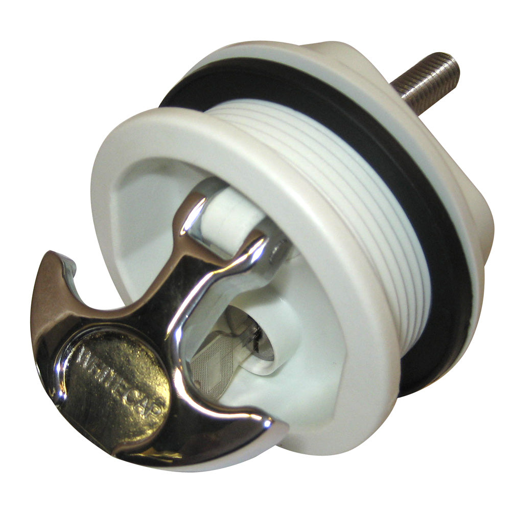 Whitecap T-handle latch with chrome-plated Zamac and white nylon, locking mechanism for freshwater applications.