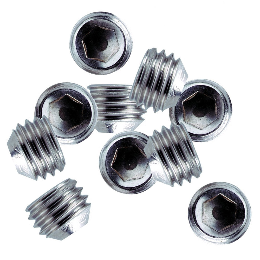 Whitecap 1/4-inch 28-thread stainless steel set screws for rail fittings, shown in a 10-pack with close-up detail.